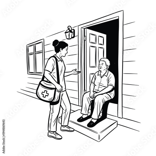 Home care nurse visiting senior woman at doorstep for medical checkup and community support