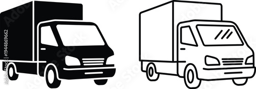 Black and white delivery truck illustration isolated on transparent background, Vector
