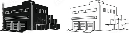 Black and white illustration of two buildings side by side isolated on transparent background, Vector