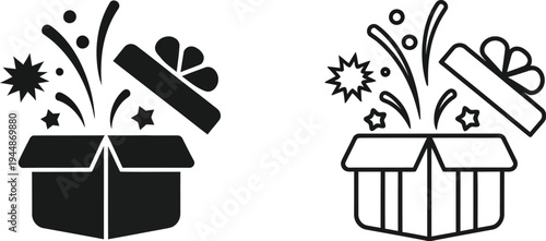 Black and white gift box explosion icons isolated on transparent background, Vector