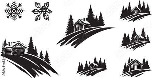 Winter Wonderland Houses and Snowflakes in Black Silhouette Style