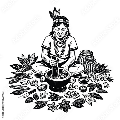 Indigenous healer using mortar and pestle to prepare natural herbal medicine with botanicals