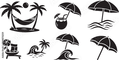 Black and white beach icons with umbrellas and palm trees