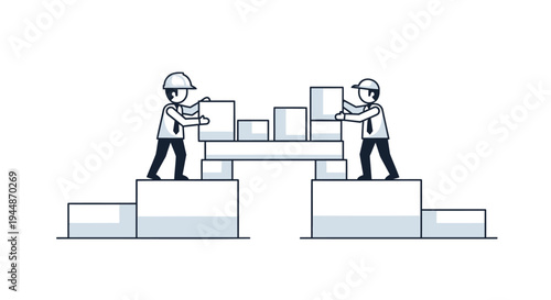 Vector illustration of two workers building with blocks