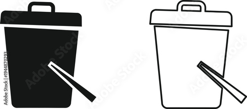 Black and white trash can icons with pencils isolated on transparent background, Vector