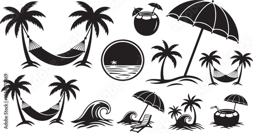 Black and white tropical beach icons and symbols set