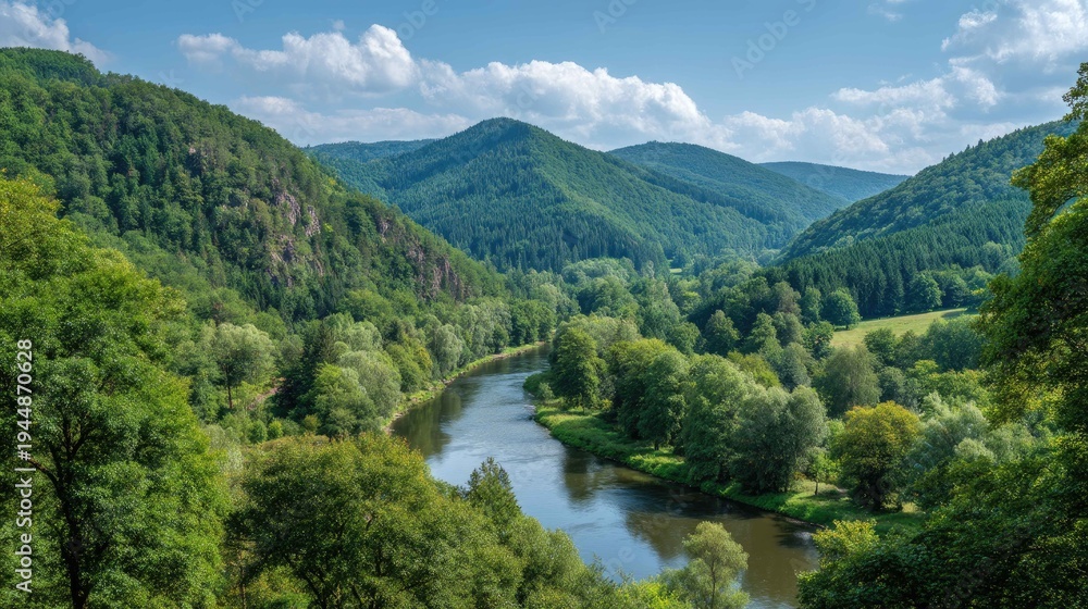 Naklejka premium Serene Landscape of Lush Green Hills and Calm River Under Bright Sky