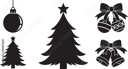 Christmas Tree and Ornaments Silhouette Vector Graphics Set