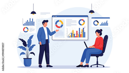 Illustration of business professionals analyzing data and discussing business strategy with charts and graphs