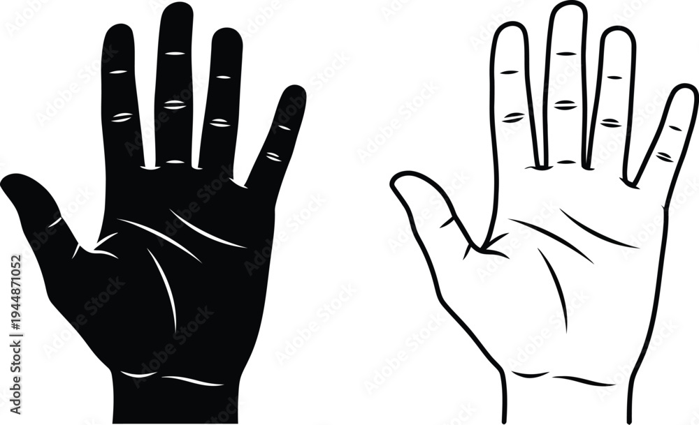 Fototapeta premium Black and white hands palm up and down isolated on transparent background, Vector