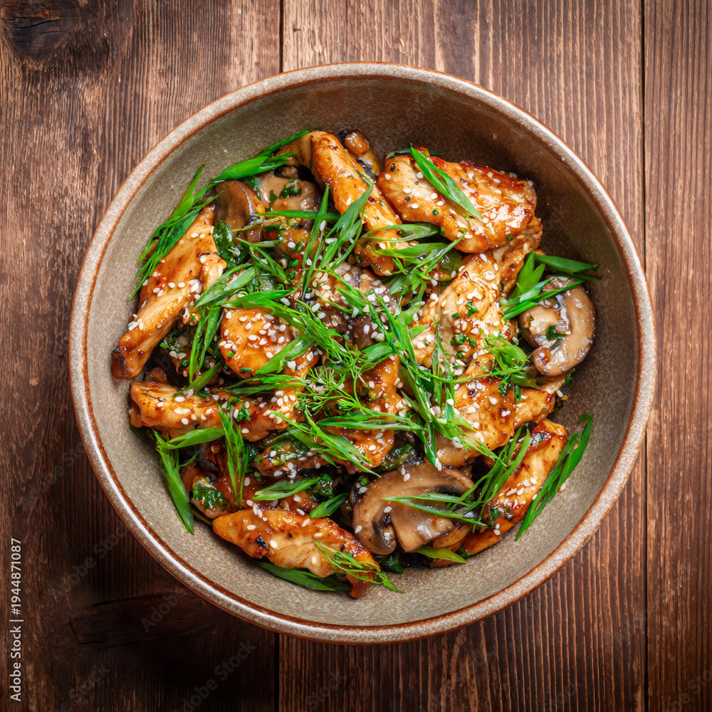 Fototapeta premium Stir fry chicken with paprika, mushrooms, green chives and sesame seeds in ceramic bowl. Asian cuisine dish. Wooden kitchen table background, top view