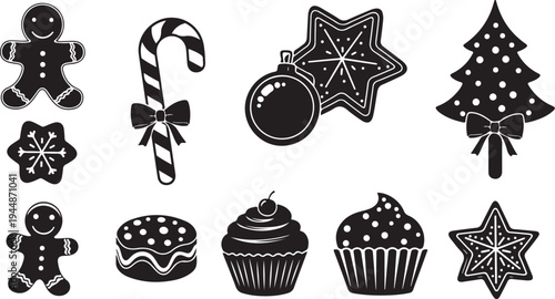 Black and white Christmas icons and holiday decorations set