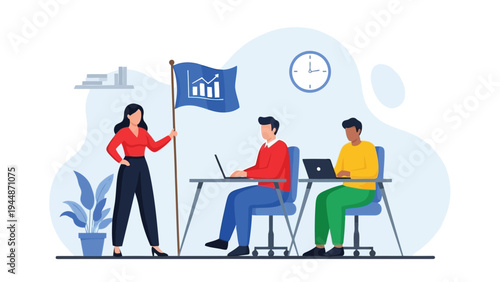 Illustration of team of three diverse professionals analyzing data on laptops with a bar chart flag in a modern office setting