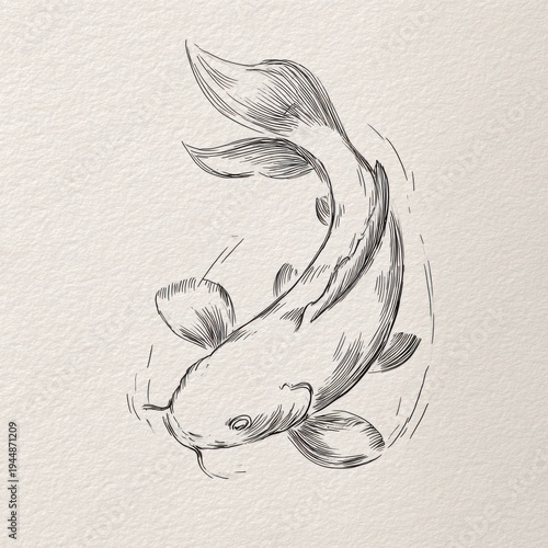 Delicate pencil sketch of a koi fish swimming gracefully, detailed shading on a textured surface