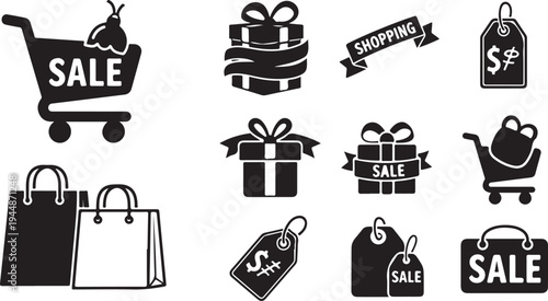Black and white shopping icons on a white background