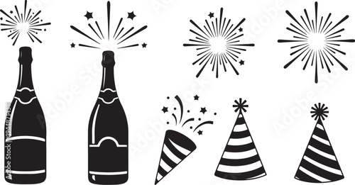 Black and white party celebration icons and symbols set