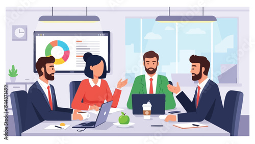 Illustration of business team discussing project in a modern office with charts and laptops