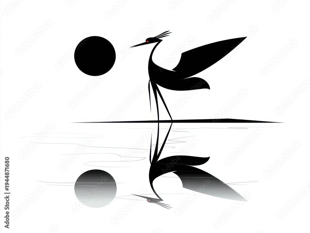 Obraz premium Silhouette of a stylized crane with a moon, reflected in water. Clean, minimalist design