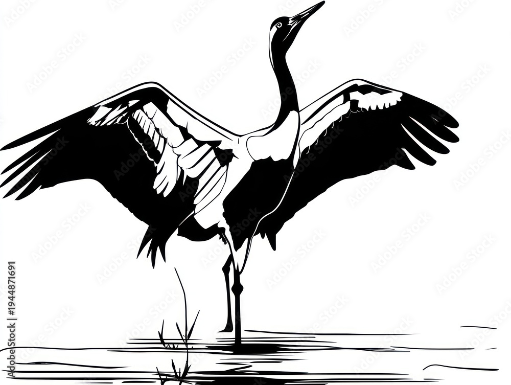 Fototapeta premium Black and white illustration of a bird with outstretched wings, standing in shallow water