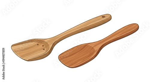 Wooden spatula and kitchen turner vector illustration, eco friendly cooking utensils isolated on white.
