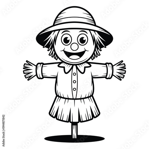 Charming black and white illustration of a smiling scarecrow with open arms