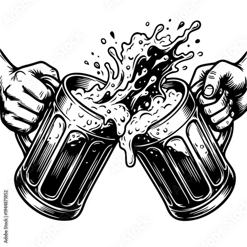 Hands Clinking Beer Mugs with Foam Splash Vintage Black and White Celebration Drink Illustration