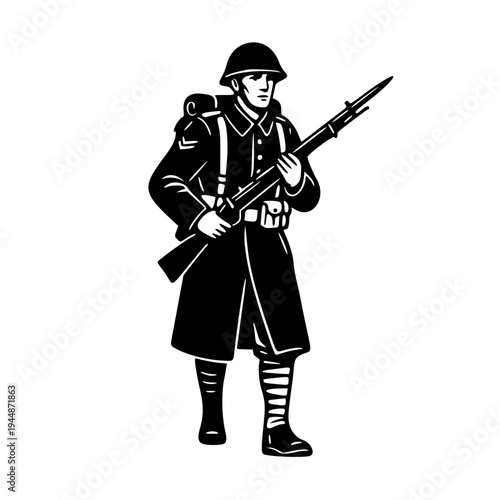 Vintage Soldier with Rifle and Bayonet Silhouette Illustration – Military Infantry Guard Black and White Vector Icon