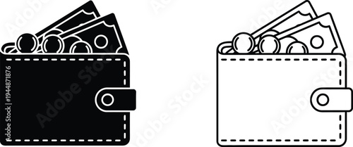 Wallets with money black and white illustration isolated on transparent background, Vector