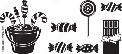 Black and white candy icons and sweets illustration set
