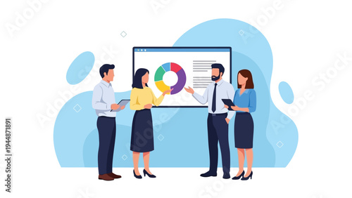 Illustration of business team analyzing data and discussing business strategy in a meeting with charts and graphs