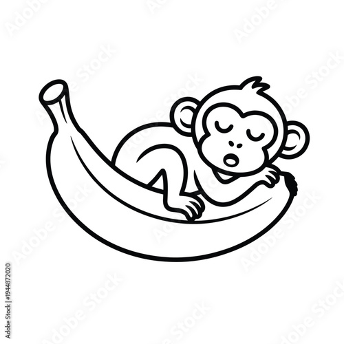 A cute cartoon monkey peacefully sleeping on a curved banana