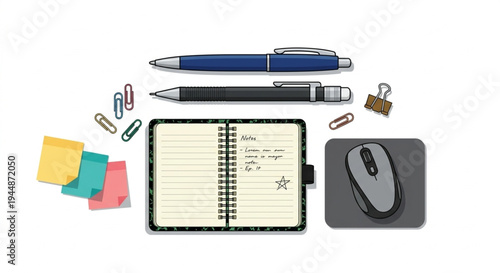 Office supplies set with notebook, pen, and computer mouse vector illustration, workspace elements isolated on white.