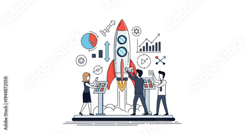 Set of business people launching rocket vector illustration