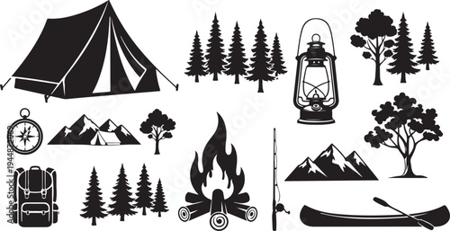 Camping and outdoor adventure icons in black and white