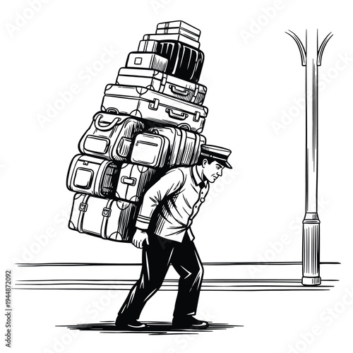 Bellhop carrying stack of heavy luggage bags to hotel room or train