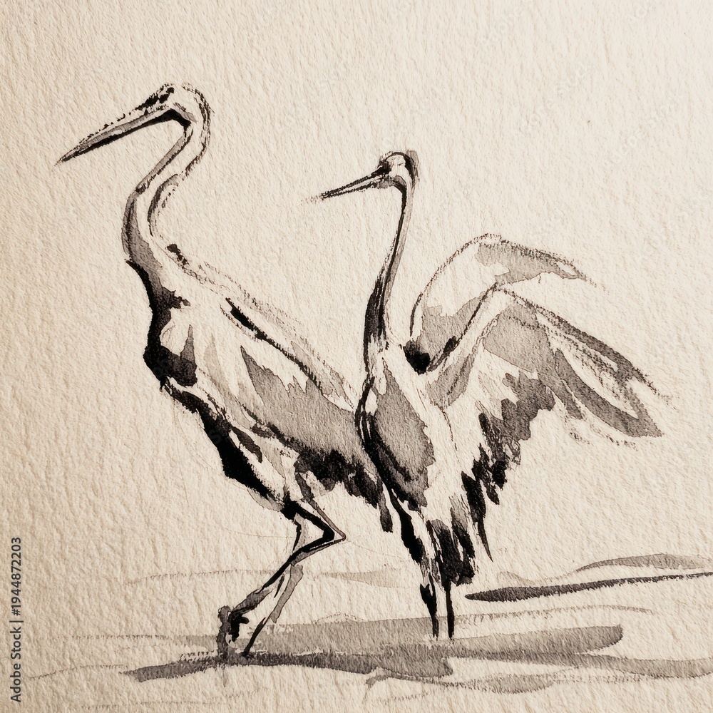 Obraz premium Monochrome ink wash painting of two long-necked birds in a contemplative moment