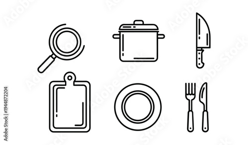 Black and white line of kitchen utensils and tableware