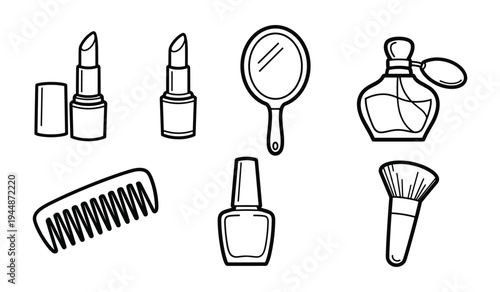 Black and white line of makeup and beauty accessories including lipsticks comb mirror nail polish perfume and brush