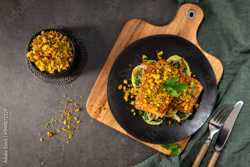 Top Down View of Roasted Tofu with Herb Crust and Sautéed Greens on a Black Plate
