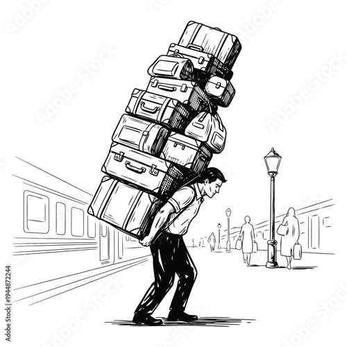 Man carrying large stack of vintage luggage bags at train station