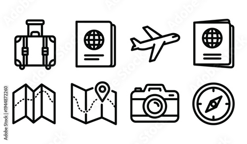 Black and white line of travel including passport backpack map airplane compass and camera