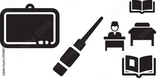 Education icons with blackboard, marker, and school desk objects
