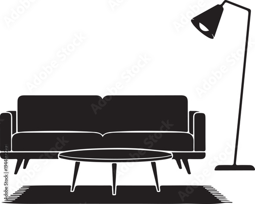 Modern Living Room Setting with Couch Coffee Table Floor Lamp and Rug