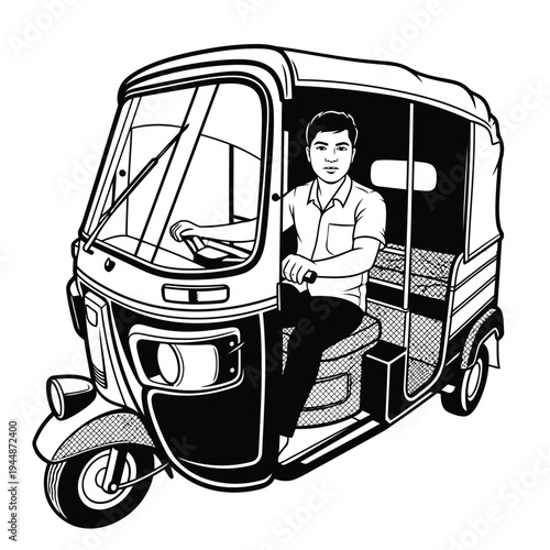 Perspective angle drawing of rickshaw driver inside traditional three wheeled taxi vehicle