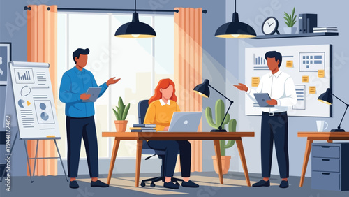 Illustration of team of three people discussing a project in a modern office with charts and laptops