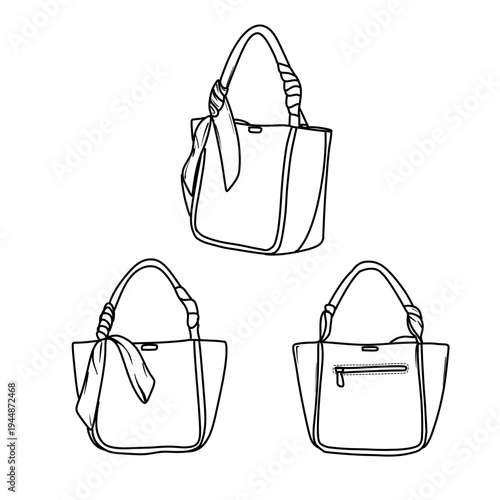 Set of Three Handbag Illustrations with Scarf Detail.