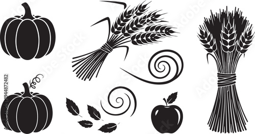 Harvest icons including pumpkins wheat and apples in black