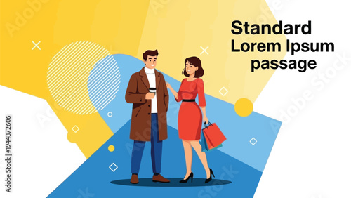 Illustration of couple walking together with shopping bags on a colorful background, representing a standard lorem ipsum passage