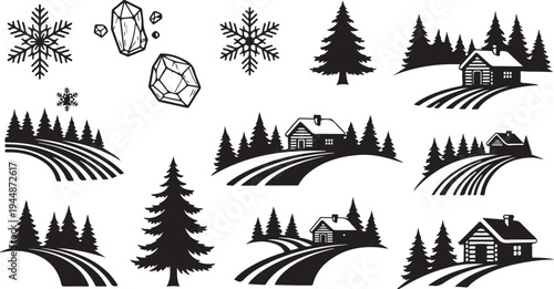 Winter landscape icons with houses and pine trees silhouettes