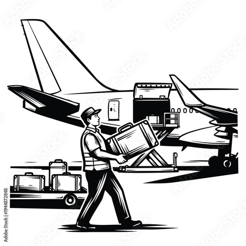 Luggage handler transporting suitcases from airplane, airport ground staff at work